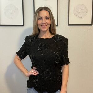 Vintage Black Beaded Silk Top